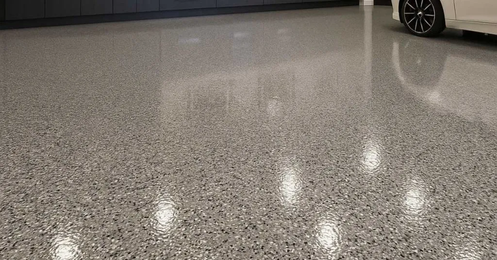 High-gloss garage epoxy floor — polished grey chip finish with reflective sheen